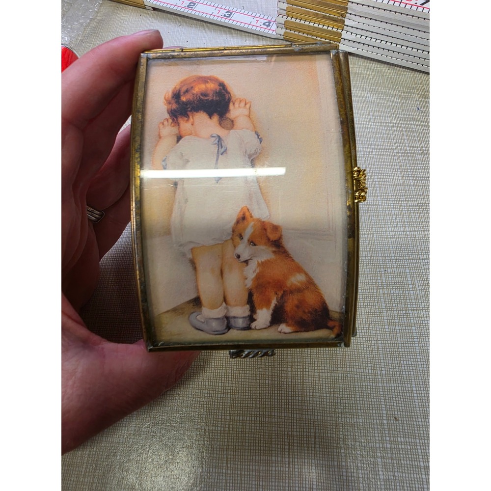Via Vermont 1992 Vintage Glass Brass Music Box Girl and Dog Minuet Sankyo Japan